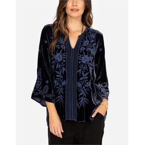 Johnny Was Adele Embroidered Velvet Blouse Navy Blue Floral Boho Size Medium